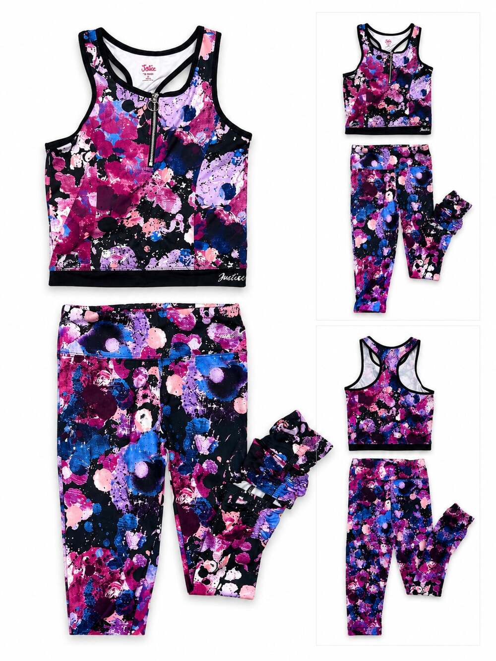 Justice Girls Athletic Zip-Front Tank Top and Leggings Set in Paint Splatter Pri